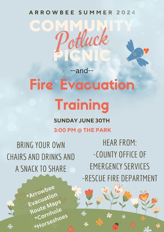 A poster for a community potluck picnic and fire evacuation training event on June 30th at 3 PM in the park, with activities and speakers listed.
