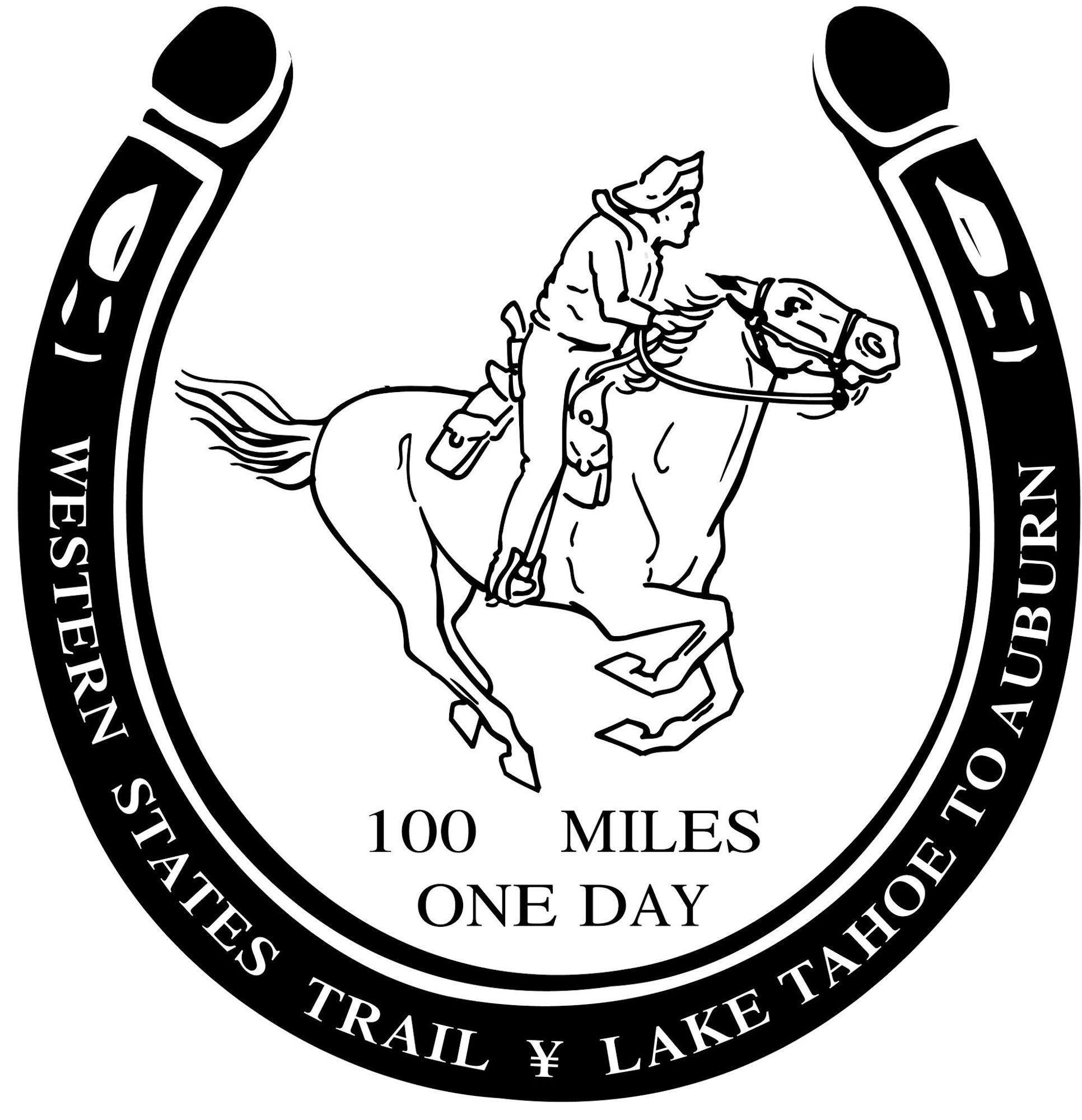 Horseshoe with rider, text: "100 Miles One Day, Western States Trail, Lake Tahoe to Auburn."