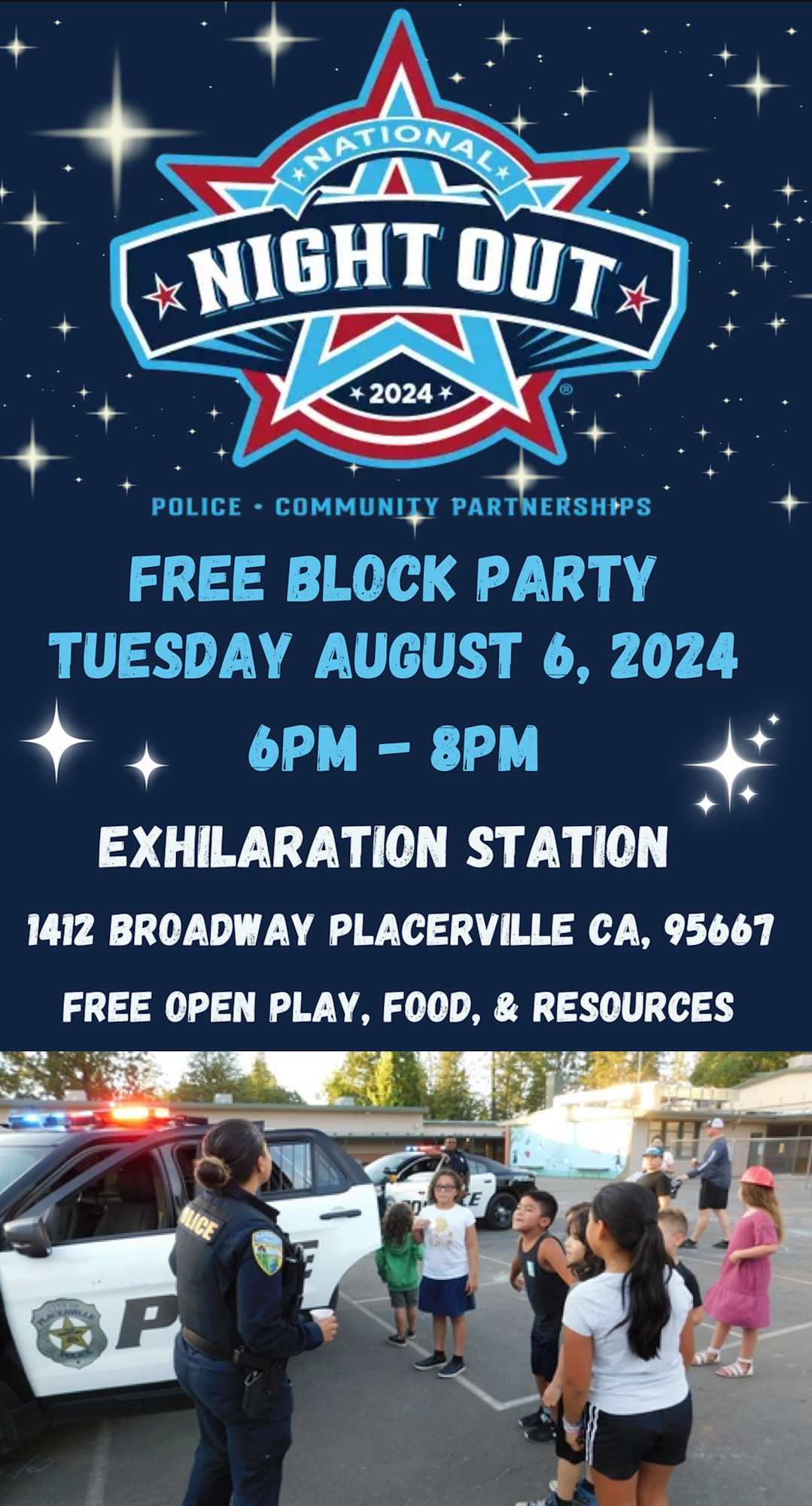 Placerville National Night Out poster for a block party on August 6, 2024, with free play, food, resources, and a photo of people and a police officer.