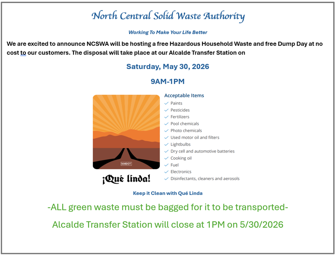 North Central Solid Waste Authority hosts a free Hazardous Waste & Dump Day on May 30, 2026, from 9 AM to 1 PM.
