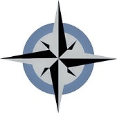 A blue and black compass rose with a four-pointed star design.