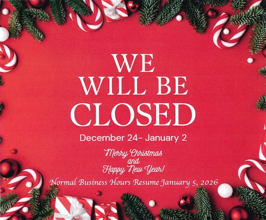 The image announces holiday closure from December 24 to January 2, wishing Merry Christmas and Happy New Year, reopening January 5, 2026.