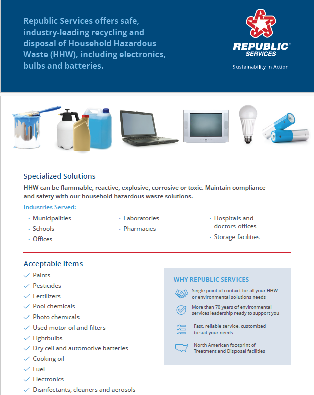 Republic Services provides safe recycling and disposal of Household Hazardous Waste (HHW), including electronics, batteries, and more.