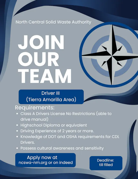 Job posting for Driver III at North Central Solid Waste Authority. Requires Class A license, high school diploma, and 2+ years driving experience. Apply at ncswa-nm.org or Indeed.