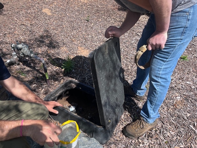 Two people open an outdoor utility box, examining its contents.