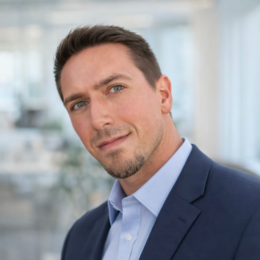 A man in a suit with short hair and a slight smile, posed against a bright, modern office backdrop.
