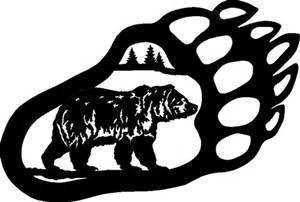 A bear silhouette inside a bear track with trees.