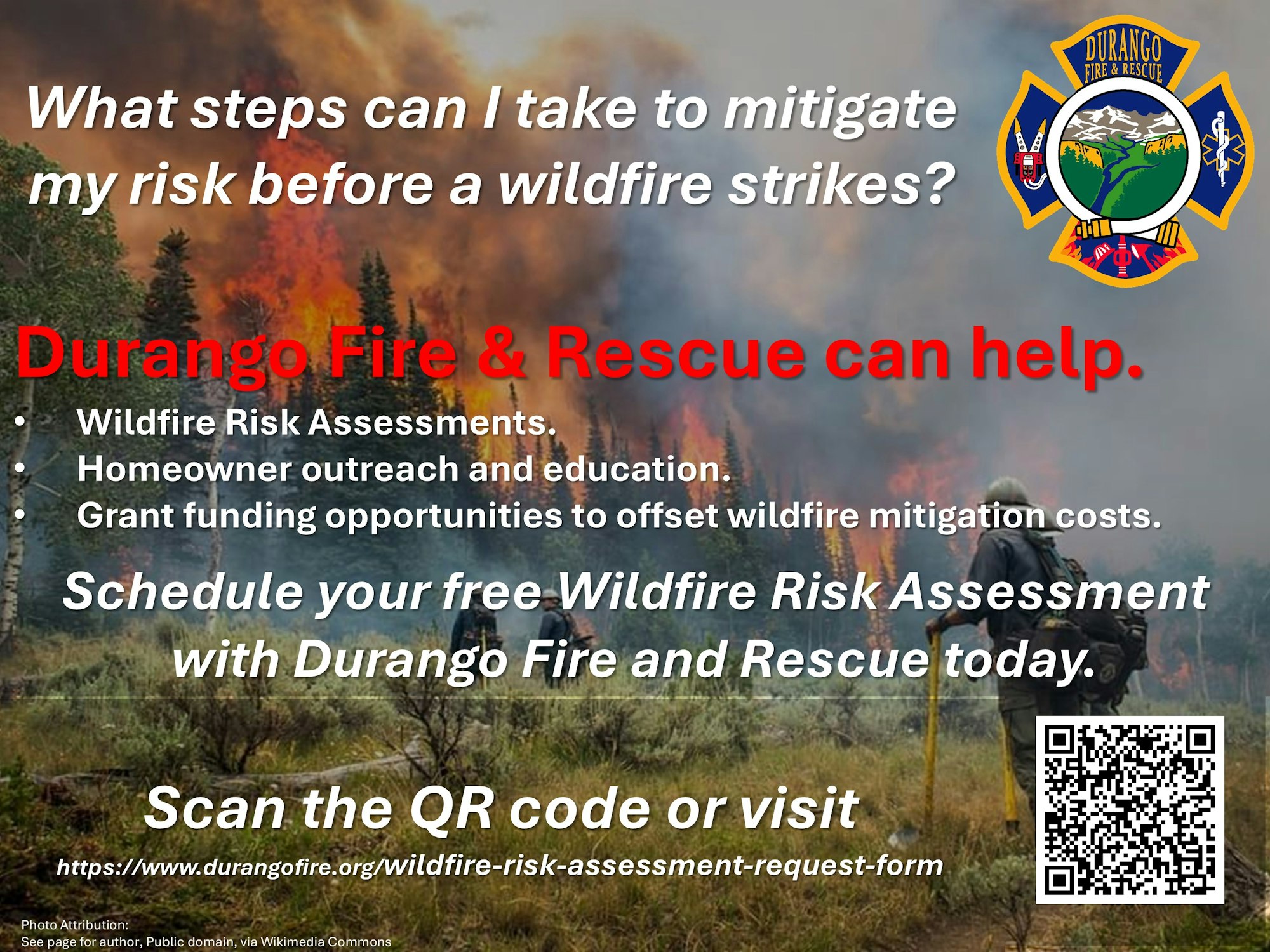 The image promotes wildfire risk assessments by Durango Fire & Rescue, offering education and funding opportunities.