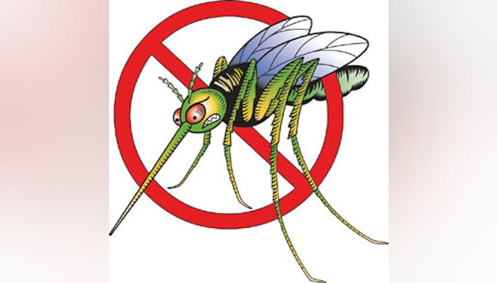 Illustration of a mosquito in a red prohibition sign indicating "No Mosquitoes" or a mosquito ban.