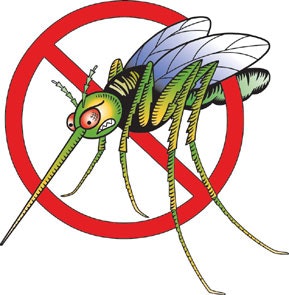 Illustration of a mosquito in a red prohibition sign indicating "No Mosquitoes" or a mosquito ban.