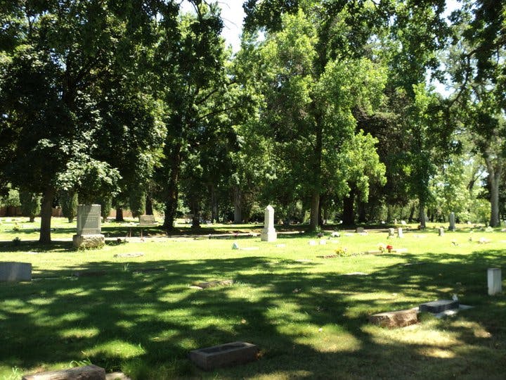 A peaceful cemetery scene with many trees and gravestones scattered throughout a grassy area.