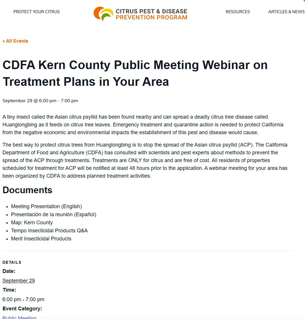 Webinar on Sept 29, 6-7 PM about treatment plans for the Asian citrus psyllid and Huanglongbing disease in Kern County.