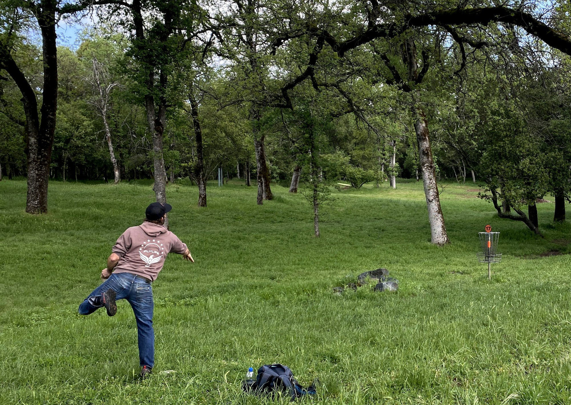 A person playing disc golf, throwing a disc towards a basket in a grassy park with trees.