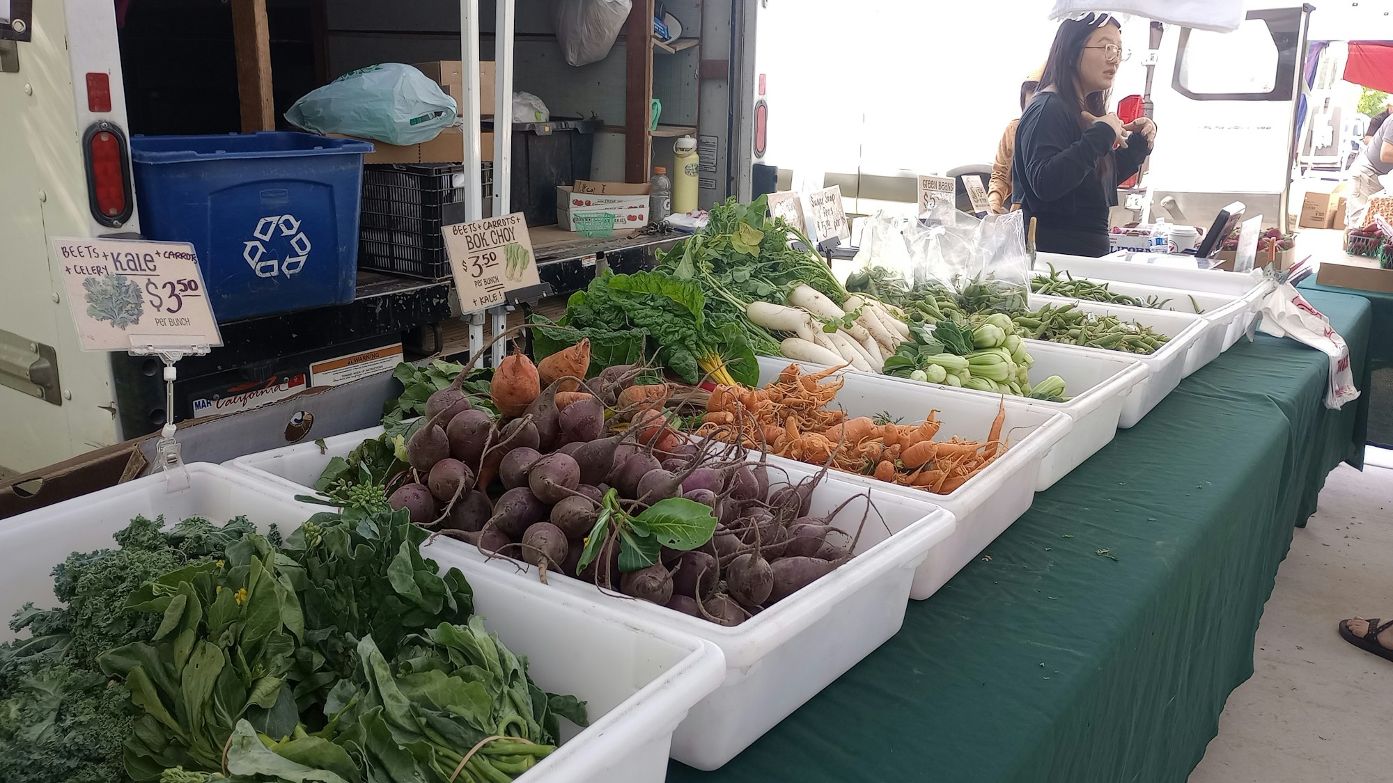 Farmers market stall with fresh vegetables like kale, beets, carrots, and bok choy displayed in white bins.
