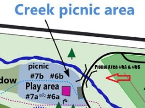 Map of a creek picnic area showing play and picnic spots with an arrow to areas #5A and #5B.