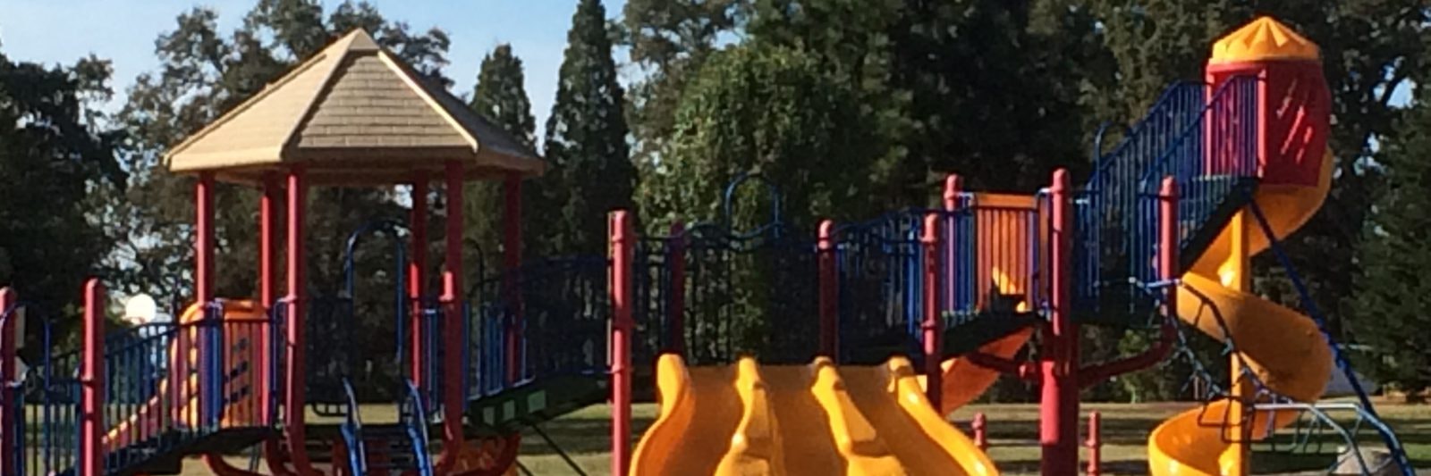 A colorful playground with slides, climbing structures, and a play tower surrounded by trees.
