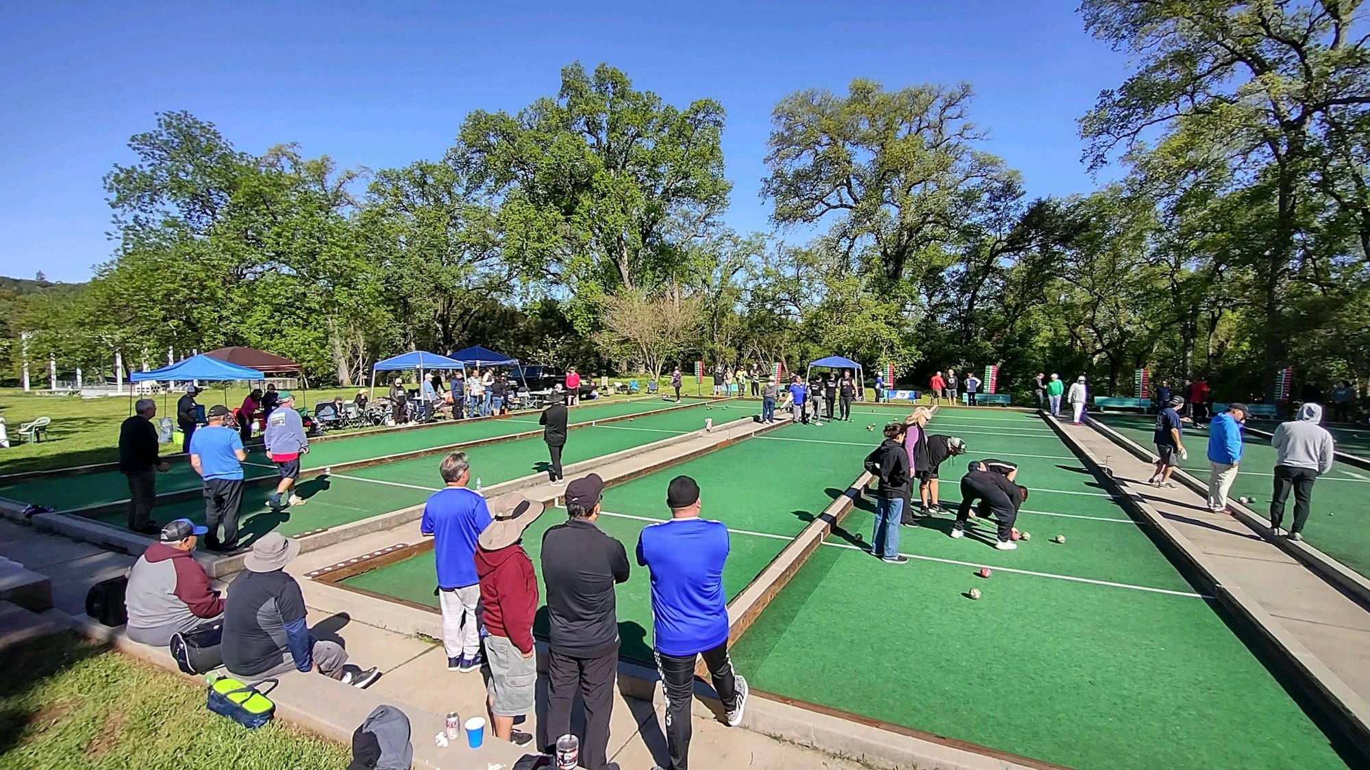 People playing bocce on multiple outdoor courts surrounded by trees and spectators.