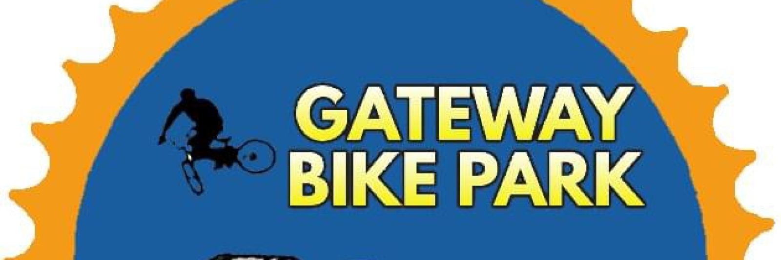 Logo with text "Gateway Bike Park," a cyclist silhouette, and orange gear design.