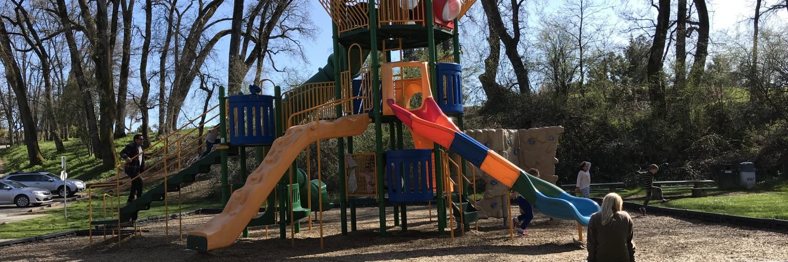 A playground with slides, climbing structures, and children playing surrounded by trees.