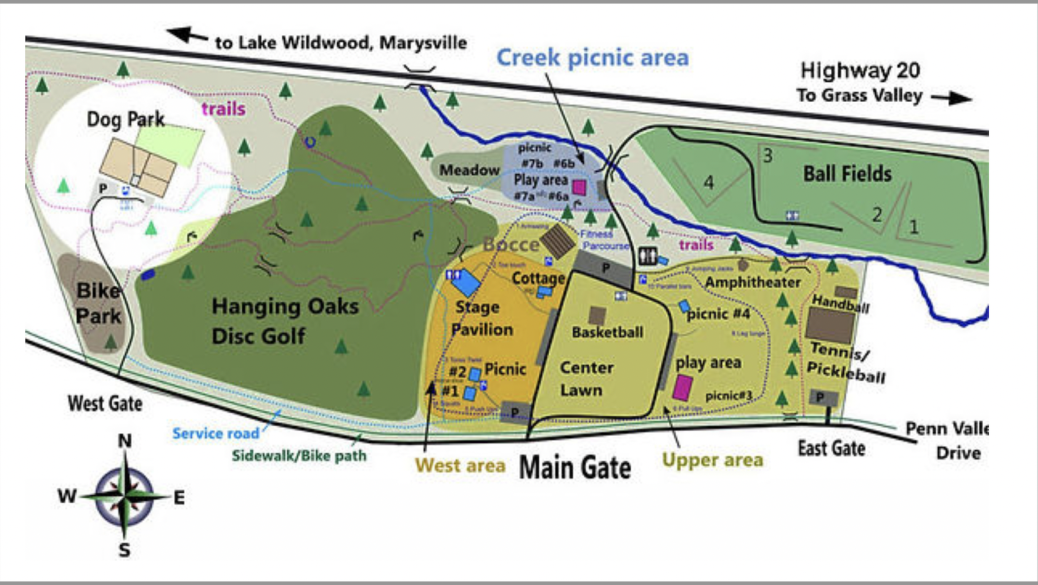 Map with dog park, bike park, disc golf, ball fields, bocce, picnic areas, stage pavilion, amphitheater, basketball, trails, and gates.