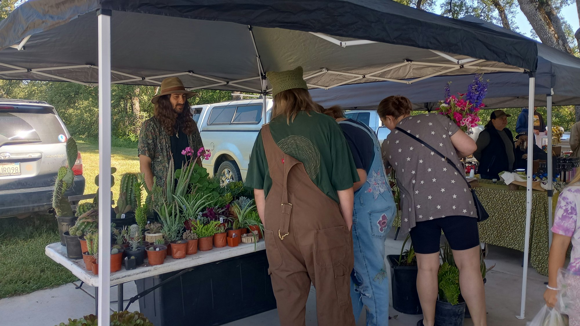 People browsing plants and flowers at an outdoor market under tents.