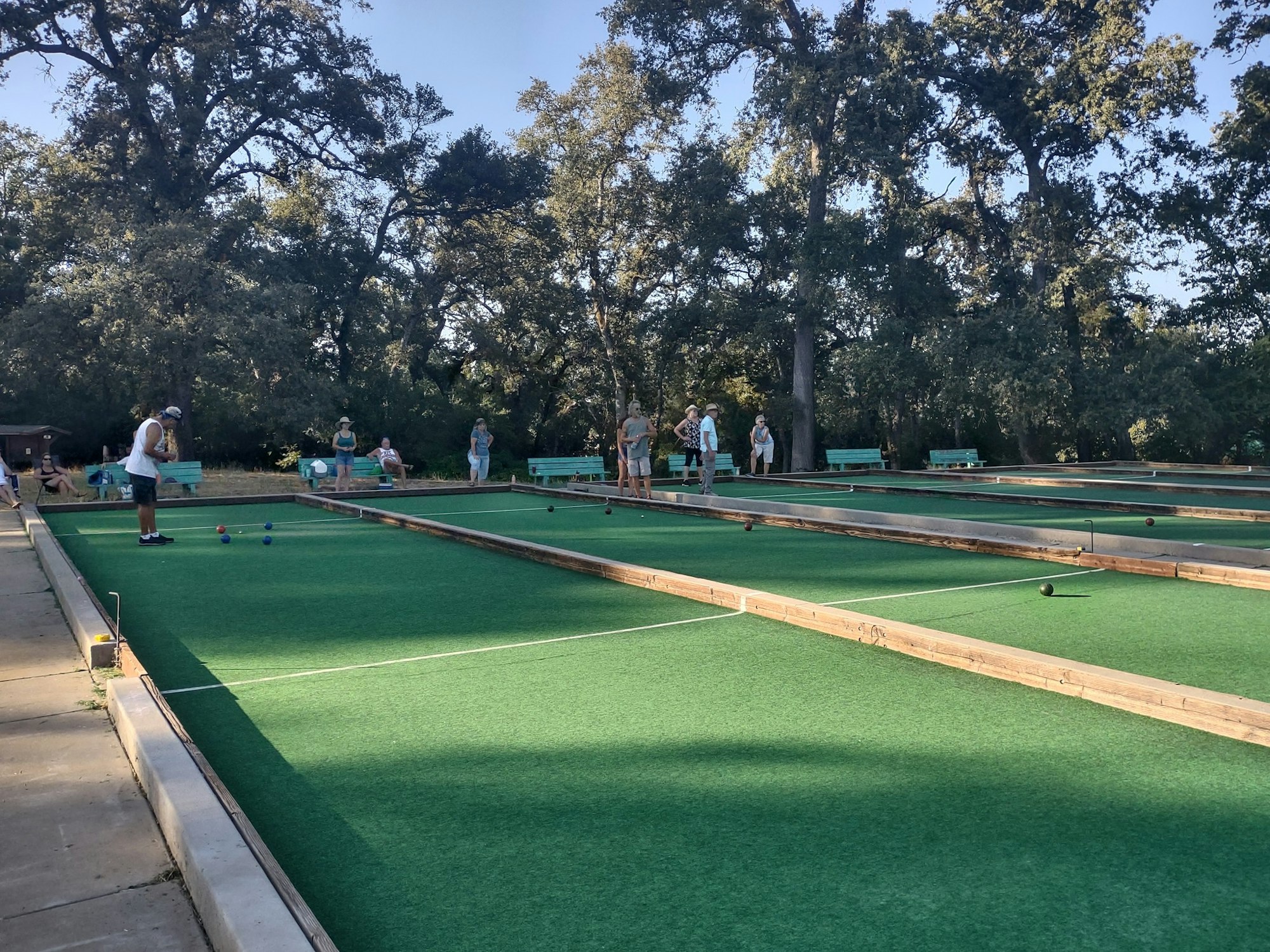 People playing bocce on green outdoor courts surrounded by trees.
