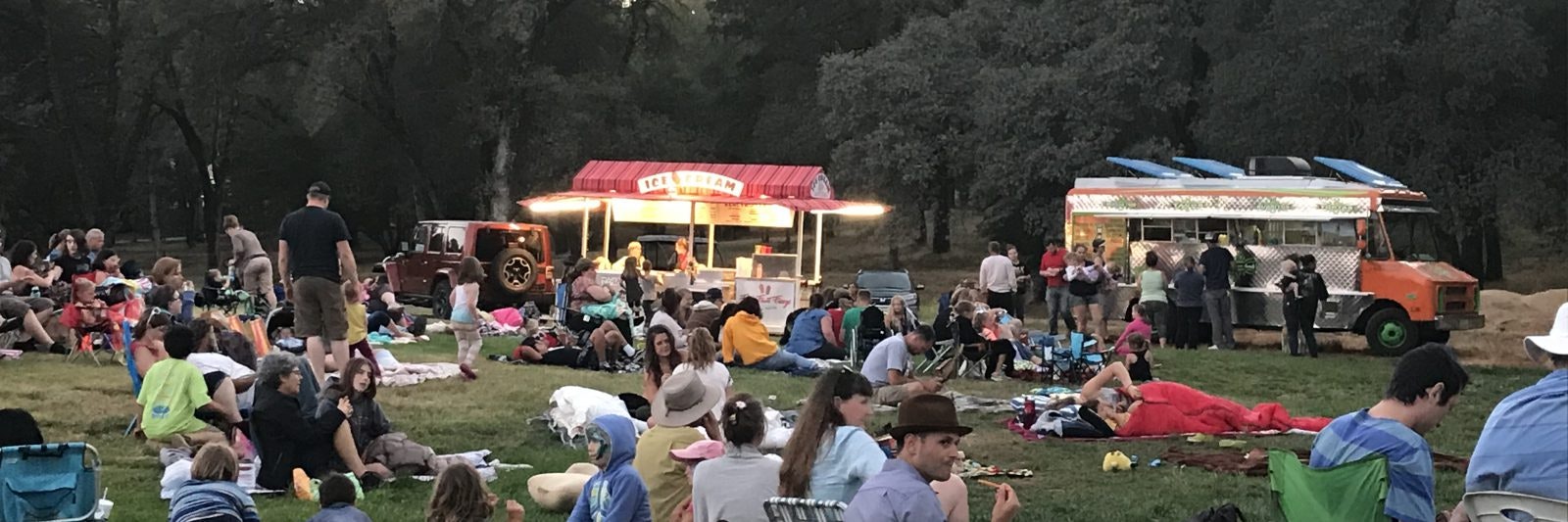 Outdoor gathering with people relaxing on grass near food trucks serving ice cream and other items, surrounded by trees.