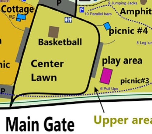 Map section showing a center lawn, basketball area, play area, picnic spots, and main gate.