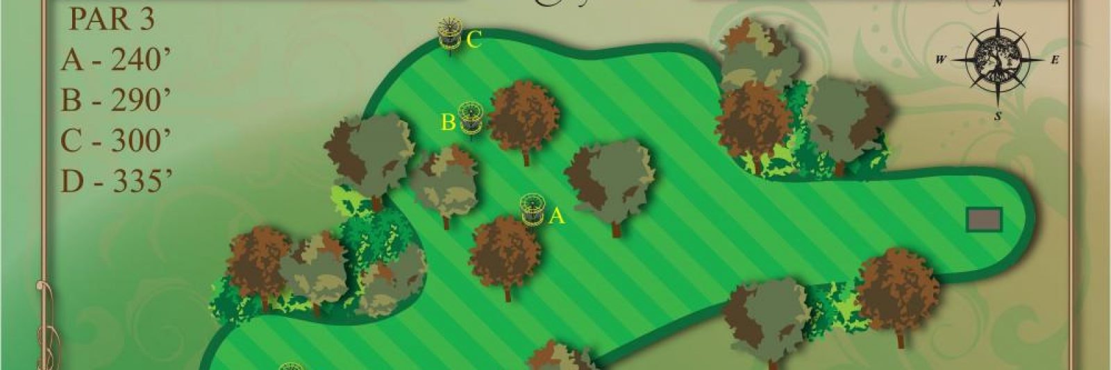 Illustration of a golf hole. Par 3 with distances: A-240', B-290', C-300', D-335'. Features trees and a compass rose.