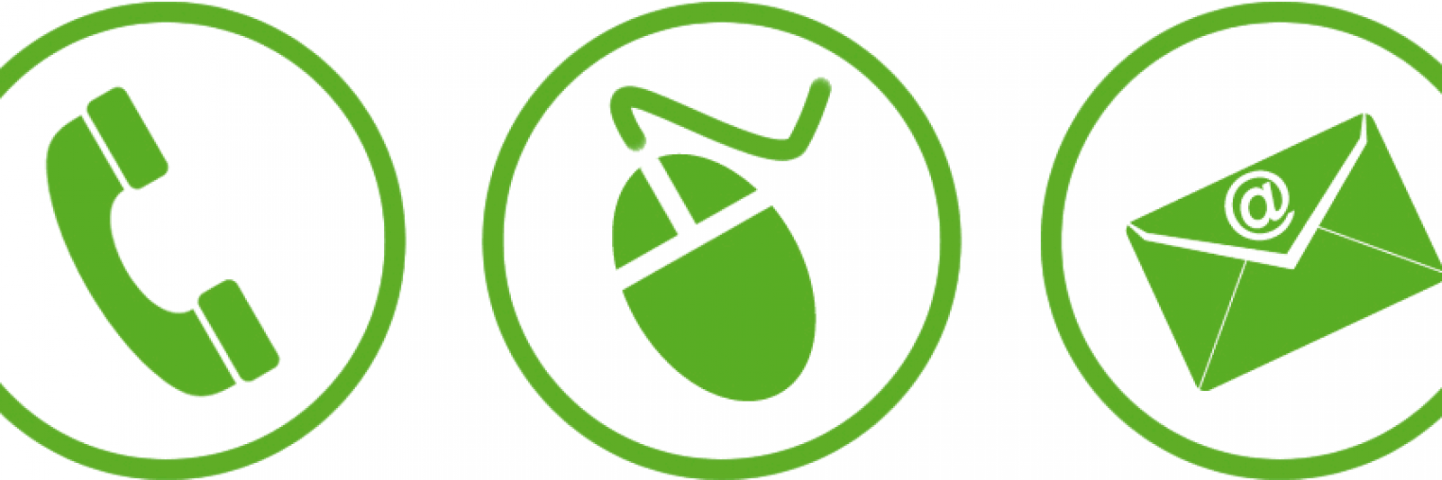 Icons of a phone, computer mouse, and email envelope in green circles.