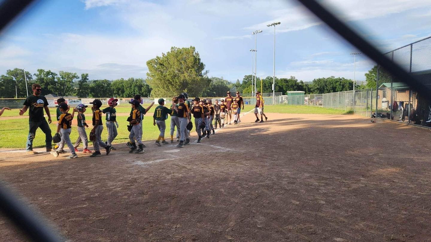 Youth baseball teams giving high-fives after a game on a baseball field.