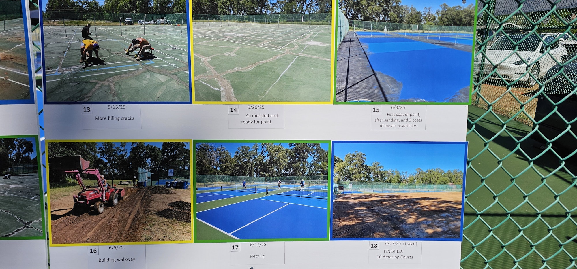 A series of photos documenting tennis court construction and renovation from filling cracks to final completion.