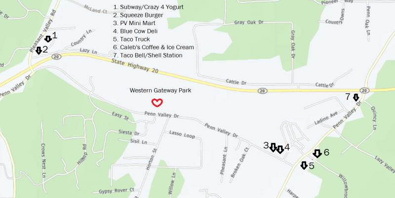 Map showing locations of seven eateries in Penn Valley, including a Subway, Squeeze Burger, and Taco Bell near Western Gateway Park.