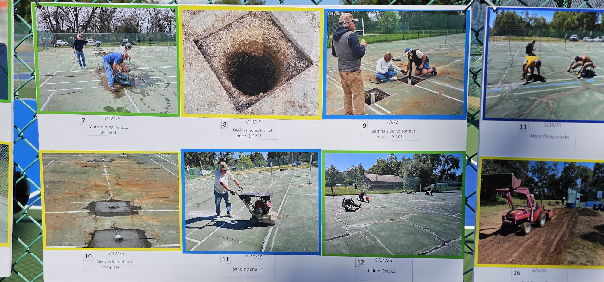 Photos of tennis court renovation: cutting holes, digging, setting net sleeves, filling cracks, sanding, and equipment in use.