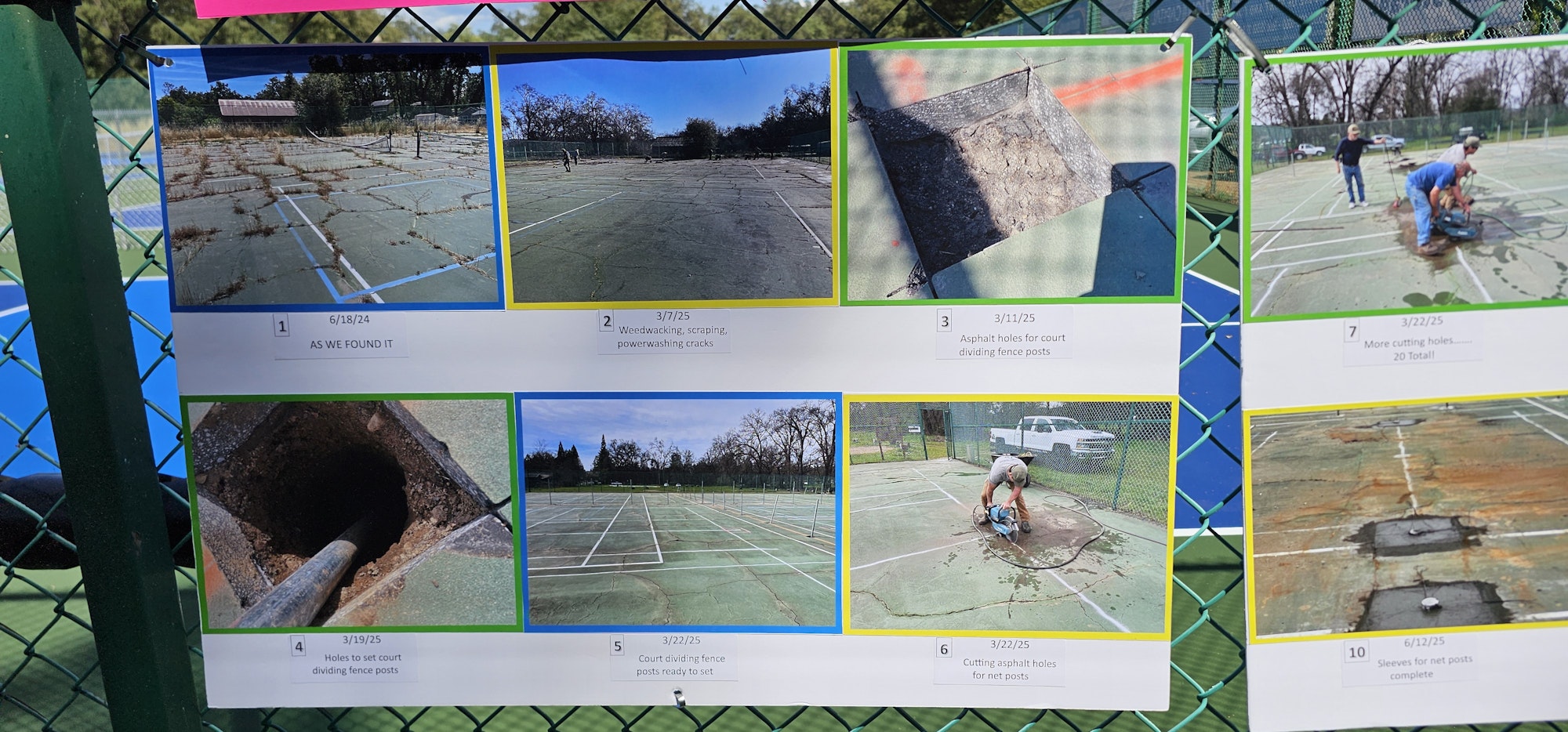 A collage of images showing the renovation process of a court, including cleaning, cutting asphalt, and installing fence posts.