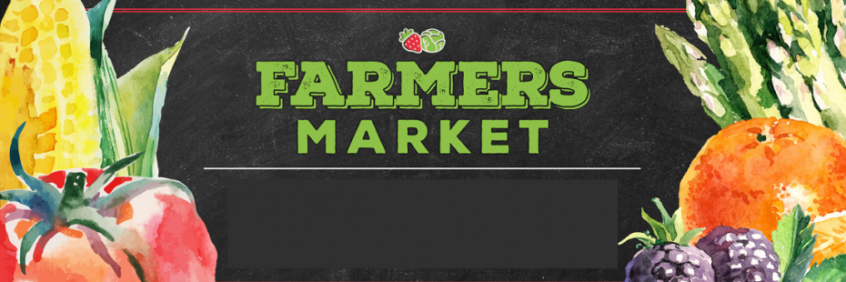 Colorful produce around "Farmers Market" text on a chalkboard background.