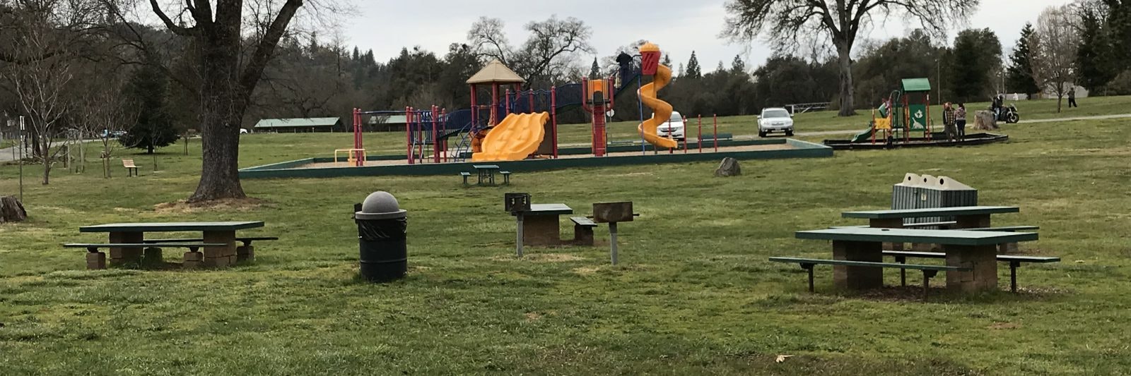 A playground with slides, picnic tables, and a trash can in a grassy park setting.