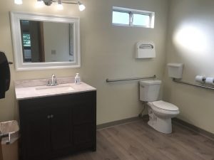 A bathroom with a mirror, sink, toilet, and grab bars, featuring a light above the mirror and a small window.