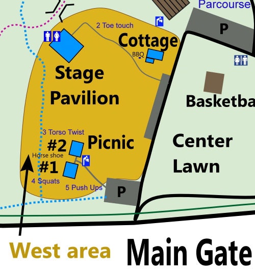 Map with picnic areas, Stage Pavilion, Cottage BBQ, basketball court, and exercise spots. Paths connect to the Main Gate and parking.