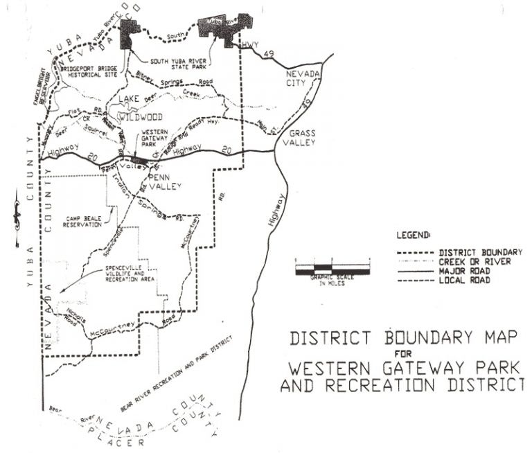 Map showing district boundaries, parks, roads, and rivers for the Western Gateway Park and Recreation District in Nevada County.