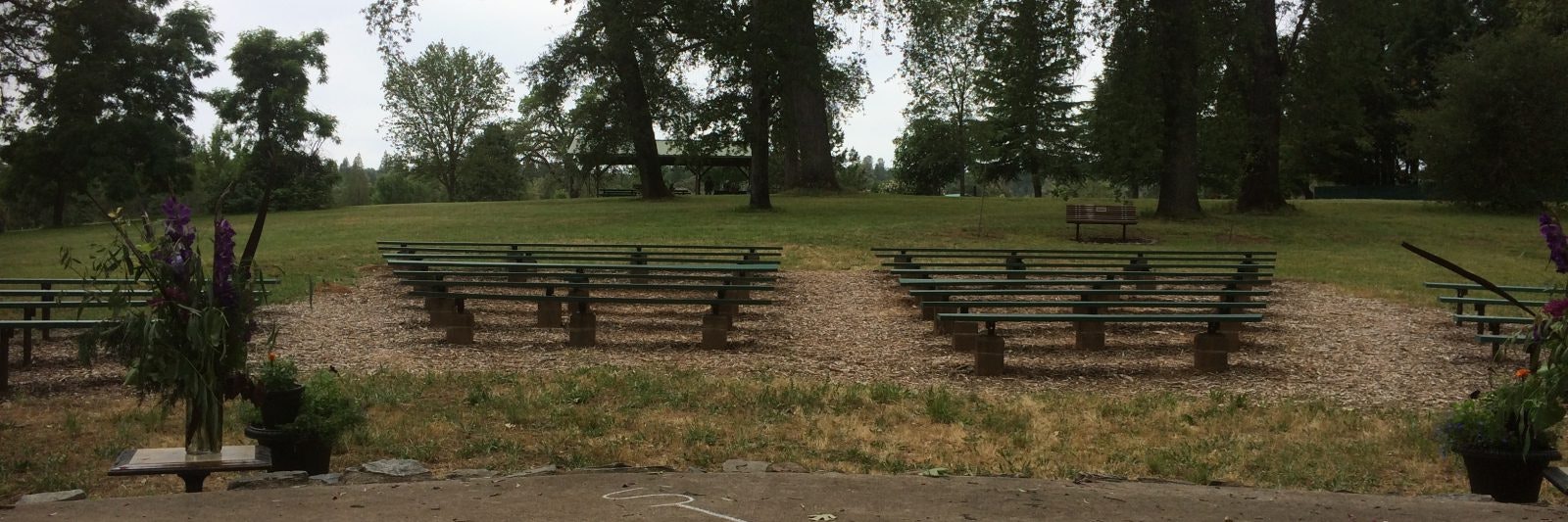 Outdoor venue with rows of green benches, surrounded by trees and flowers.