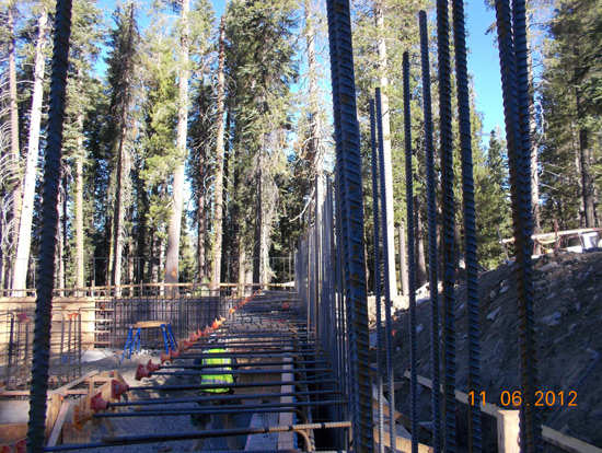 Construction site with rebar and wooden formwork amidst tall trees.