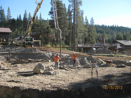 Construction site with workers, machinery, and trees in the background.