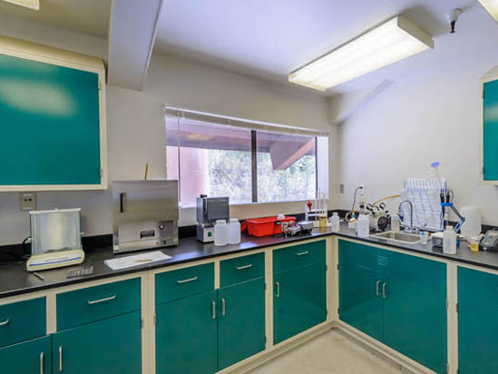 A laboratory with teal cabinets, various equipment on countertops, a window, and fluorescent lighting.