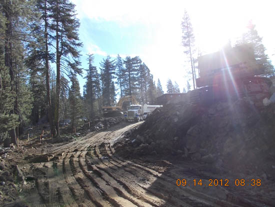 Construction site in a forested area with heavy machinery and a dirt road under sunlight.