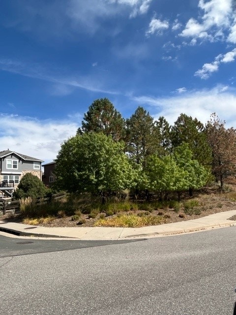 A suburban street corner with trees, bushes, and a house in the background under a partly cloudy sky.