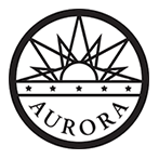 Circular logo with a stylized sun and rays above the word "AURORA" with stars around.