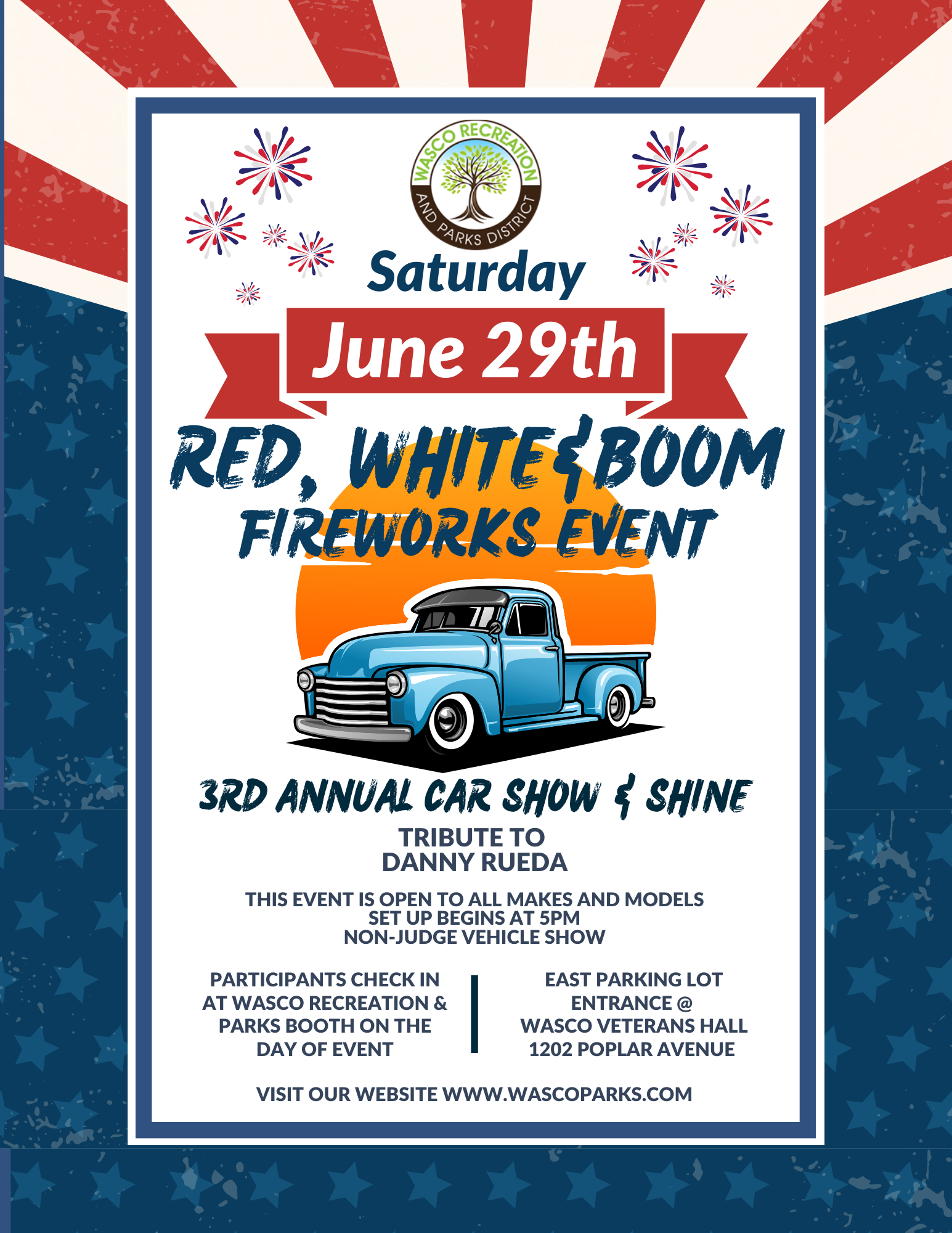 A poster for "Red, White & Boom Fireworks Event" with date, car show details, and a vintage truck illustration.