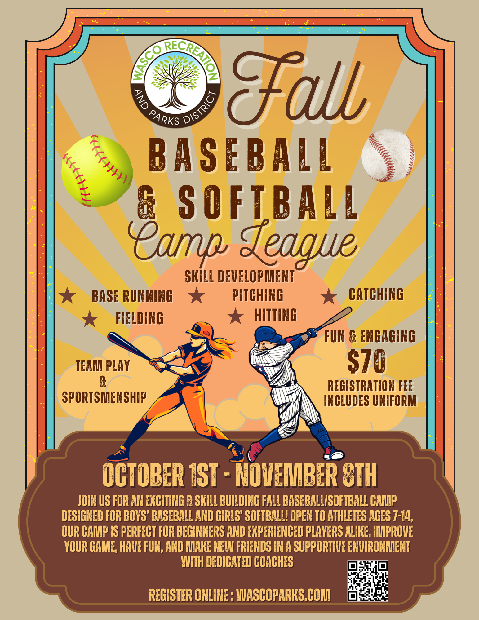 A colorful flyer advertising a fall baseball and softball camp league including dates, activities, and registration details.