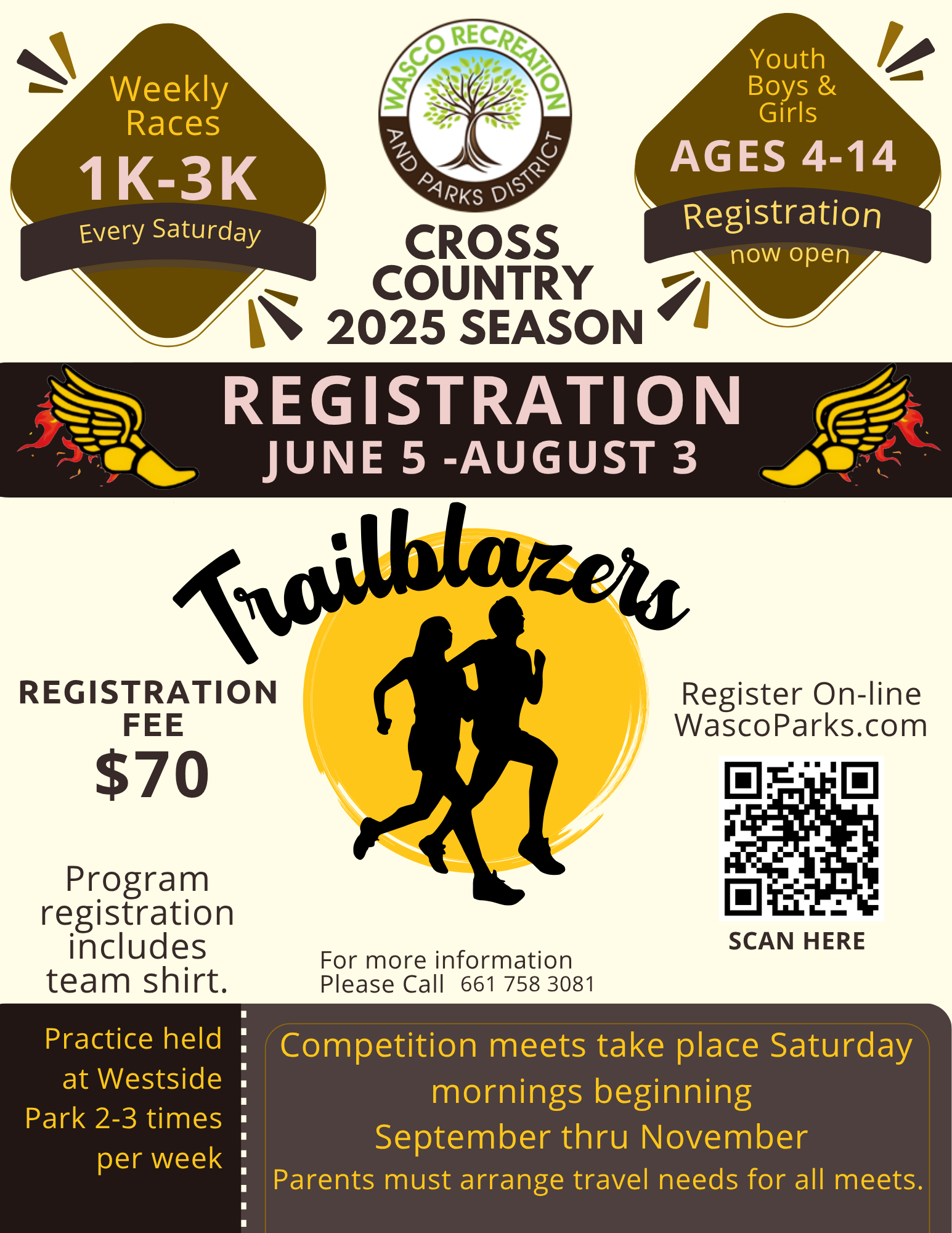 Cross Country 2025 registration for ages 4-14. Weekly races 1K-3K. Register online or call 661-758-3081. Fee: $70.
